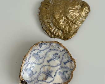 Hand Decorated Oyster Shell Dish | Floral Pearl Ring Holder, Gold Edge Coastal Decor