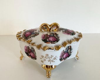 Vintage Porcelain Candle | Romantic Victorian Couple Trinket Box Candle | Gold Trim Decorative Candle | Cottagecore Home Decor | Gift