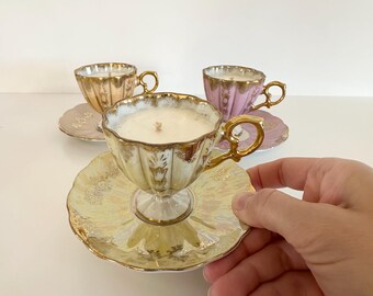 Vintage Teacup Candle with Saucer, Nordic Handmade Soy Wax, Refillable Cottagecore Decor