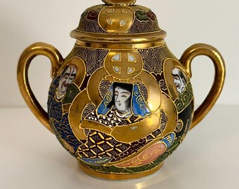 Vintage Japanese Satsuma Meiji Oriental Porcelain Sugar Bowl Candle  Faces Gildings
