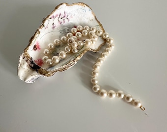 Hand Decorated Oyster Shell Dish | Floral Pearl Ring Holder, Gold Edge Coastal Decor