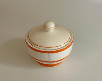 Vintage Art Deco Ceramic Sugar Bowl, Orange Stripe Lidded Jar Candle
