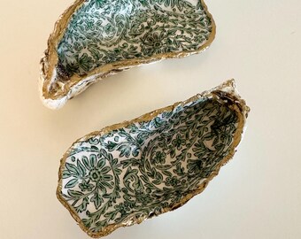 Hand Decorated Oyster Shell Dish Set | Floral Gold Edge Coastal Decor
