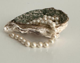Hand Decorated Oyster Shell Dish | Floral Pearl Ring Holder, Gold Edge Coastal Decor