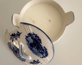 Vintage Blue white German Pottery Candle | Hand Poured Soy Wax, Refillable Mid Century Decor
