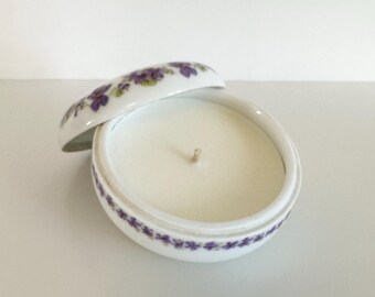 Handmade Soy Candle in Vintage Violet Floral Porcelain Trinket Box, Cottagecore Decor