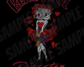 Puede incluir: Gráfico negro con un personaje de dibujos animados con un vestido rojo con costuras, rodeado de corazones rojos y las palabras "BEAUTIFUL Disaster" en escritura roja. El personaje tiene piel gris, pelo rojo y pendientes dorados.