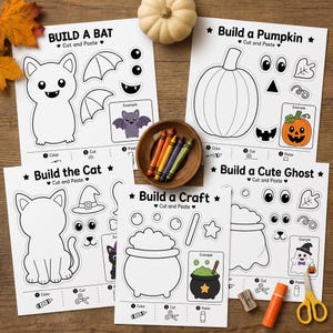 Puede incluir: Un conjunto de cuatro hojas de actividades de recortar y pegar con temática de Halloween tituladas Build a Bat, Build a Pumpkin, Build the Cat y Build a Craft, con contornos en blanco y negro, un cuenco de madera con cinco lápices y tijeras.