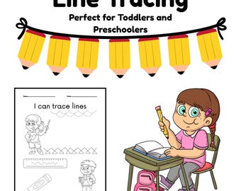 May include: A colorful illustration for early learning. The image features a child at a desk with a pencil, a workbook with line tracing exercises, and a banner of pencil-shaped decorations. Text reads "Line Tracing" and "Perfect for Toddlers and Preschoolers."