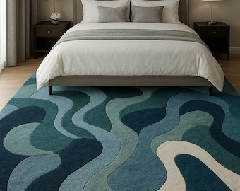 Hand Tufted Wool Rug, Abstract Blue Green Carpet, Irregular Shape Carpet for Livingroom