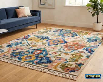 Hand Knotted Wool Area Rug, Colorful Floral Vintage Inspired Pattern