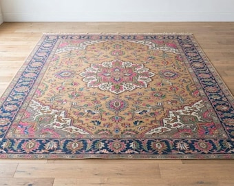 Hand Knotted Wool Oriental Rug, Traditional Floral Medallion Carpet, Beige Navy Pink
