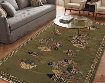 Hand Knotted Wool Area Rug with Fish Pattern Green Handmade Living Room Bedroom Dining Room Rectangular Oriental Carpet