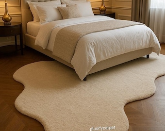 Hand Tufted Wool Rug, Cream Irregular Shape Carpet, Modern Minimalist Rug for Livingroom