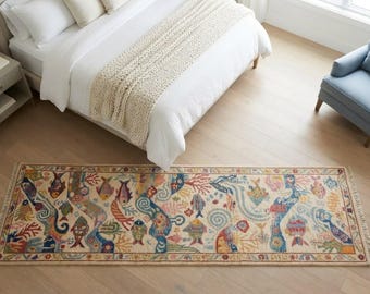 Hand Knotted Wool Runner Rug: Multicolor Traditional Floral Geometric Hallway Carpet