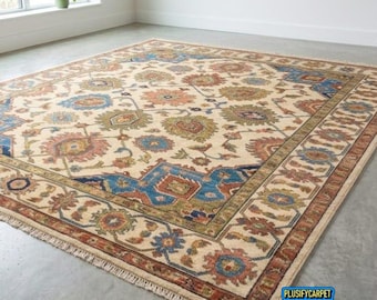 Hand Knotted Wool Rug, Vintage Floral Medallion, Beige Multicolor Border, Living Room Décor