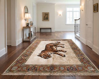 Hand Knotted Wool Tiger Area Rug, Ivory Beige Carpet with Floral Border, Traditional Oriental Style Rug for Living Room Bedroom