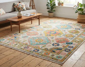 Hand Knotted Wool Area Rug, Floral Medallion Ivory Multicolor Carpet