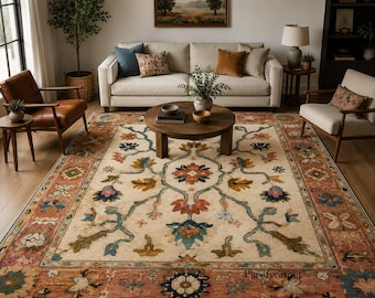 Hand Knotted Wool Rug, Floral Medallion, Vintage Inspired Border, Earth Tones Home Décor