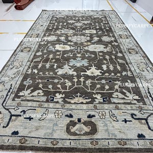 Green, Beige Oushak Rug- Oriental Turkish Area Rug for Living Room or Bedroom, Vintage Hand Knotted Rug Soft Wool Floor Carpet Rectangular