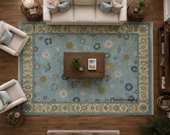 Hand Knotted Wool Area Rug, Sky Blue Floral Persian Style Carpet