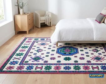 Hand-Knotted Wool Area Rug: Geometric Floral Border, Traditional Home Décor Carpet