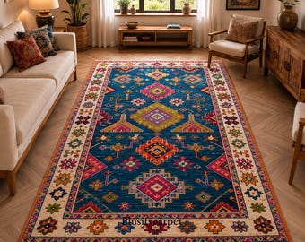 Hand Knotted Wool Rug, Blue Geometric Medallion, Floral Border, Vintage Bohemian Area Rug