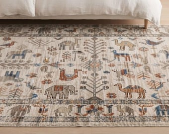 Hand Knotted Area Rug Beige Floral Vintage Style Wool Carpet for Living Room Bedroom Dining Room Home Décor 8x10 Floor Rug