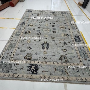 Oushak Rug 9x12, 10x14, 12x15, Hand Knotted Wool Carpet, Turkish Area Rug Soft Wool Silver Rug for Bedroom Living Room Neutral Rug