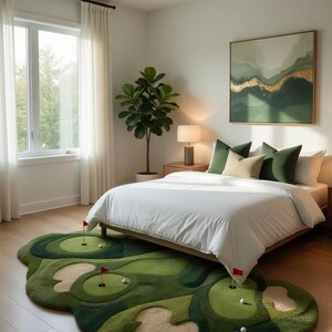 Alfombra de minigolf tejida a mano con banderas, divertida alfombra de putting green, alfombra temática deportiva, pieza decorativa única para la sala de estar.