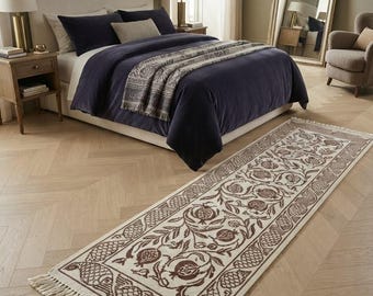 Hand Knotted Runner Rug, Vintage Floral Pattern, Neutral Beige Hallway Rug, Long Narrow Bedroom Runner, Traditional Home Décor