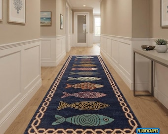 Hand Knotted Fish Runner Rug, Navy Blue Wool Runner with Colorful Fish Motifs, Ivory Border, Long Hallway Rug for Coastal Home Décor Indoor
