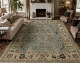 Hand Knotted Wool Area Rug, Light Blue Floral Medallion, Ivory Border, Vintage Style Carpet