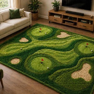 Puede incluir: Una alfombra verde con temática de campo de golf con un diseño detallado de calles, greens, trampas de arena y pelotas de golf. La alfombra presenta diferentes tonos de verde y beige, creando una apariencia realista de campo de golf. Banderas rojas marcan los hoyos.