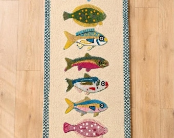 Hand Knotted Wool Runner Rug, Colorful Fish Pattern Hallway Runner, Coastal Area Rug, Living Room, Bedroom, Entryway Décor