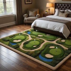 Alfombra de minigolf tejida a mano con 5 greens, banderas, trampas de arena y detalles de agua. Decoración divertida para la sala de estar. Alfombra deportiva única.