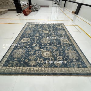 Blue Oushak Rug 8x10, Handmade Wool Carpet - Vintage Floral Style Floor Turkish Area Rug Runner, Large Oushak Rug for Living Room Bedroom