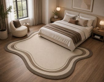 Hand-Tufted Wool Area Rug, Modern Organic Wave Design, Neutral Beige Luxury Carpet