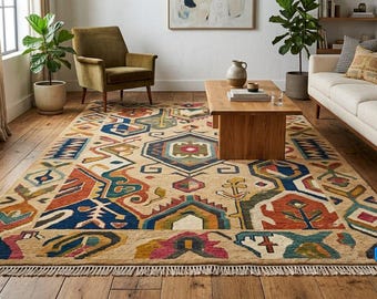 Hand Knotted Wool Area Rug, Geometric Tribal Pattern, Beige Blue Orange Carpet