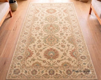 Hand Knotted Wool Rug, Vintage Persian Floral Medallion, Ivory Beige Traditional Living Room Décor