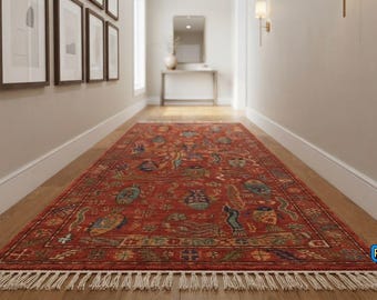 Hand-Knotted Wool Runner Rug: Traditional Oriental Pattern Hallway Carpet
