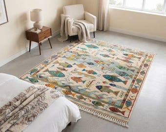 Hand Knotted Wool Area Rug: Multicolor Fish Geometric Pattern, Bohemian Style Carpet
