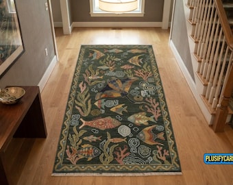 Hand Knotted Luxury Fish Rug Ocean Sea Life Dark Green Area Carpet for Coastal Beach House Living Room & Entryway Decor