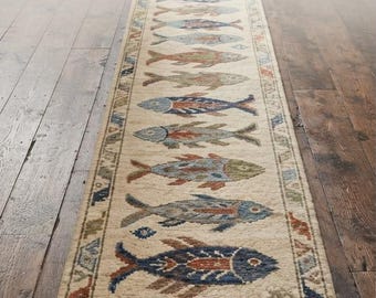 Hand Knotted Wool Runner Rug Fish Pattern Beige Blue Hallway Carpet Traditional Decorative Runner for Entryway Kitchen Corridor