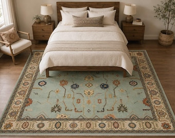 Hand-Knotted Wool Rug, Floral Geometric Medallion, Vintage Traditional Area Rug