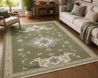Hand-Knotted Wool Area Rug, Sage Green Floral Medallion, Ivory Botanical Border