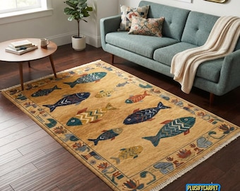 Hand Knotted Fish Rug, Vintage Nautical Area Rug, Colorful Ocean Animal Carpet, Coastal Boho Decor, Handmade Wool Floor Rug