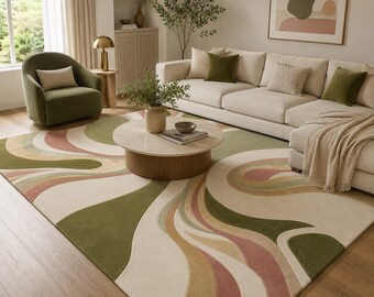 Hand-Tufted Wool Area Rug, Abstract Organic Wave Pattern, Olive Green Beige Contemporary Floor Decor
