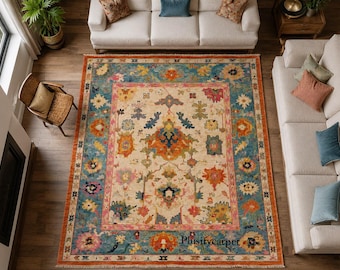 Hand-Knotted Wool Area Rug, Grand Floral Medallion, Azure Blue Field, Coral Accents