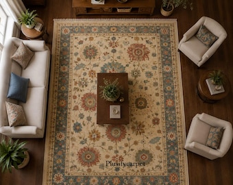 Hand Knotted Wool Area Rug, Traditional Floral Medallion, Persian Style, Living Room Ivory Blue